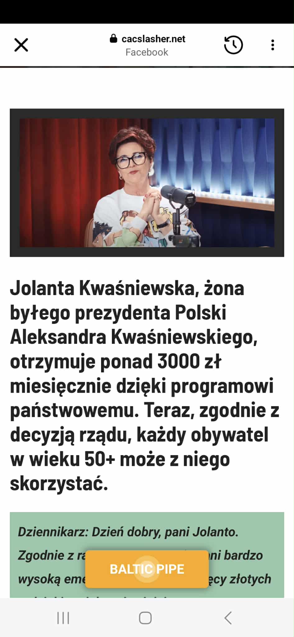 Fałszywa reklama w social mediach, w której użyto skradziony wizerunek Jolanty Kwaśniewskiej