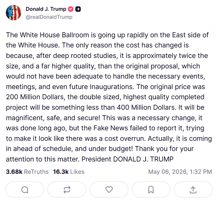 Trump o kosztach sali balowej w Białym Domu
