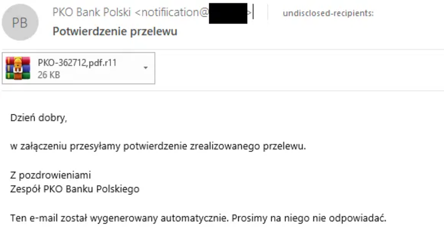 PKO BP ostrzega przed oszustami. Przykład fałszywej wiadomości