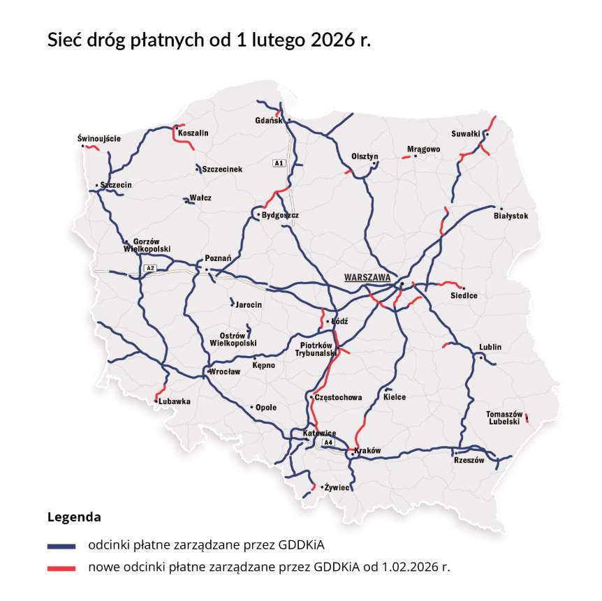 Mapa dróg płatnych od 1 lutego 2026 roku