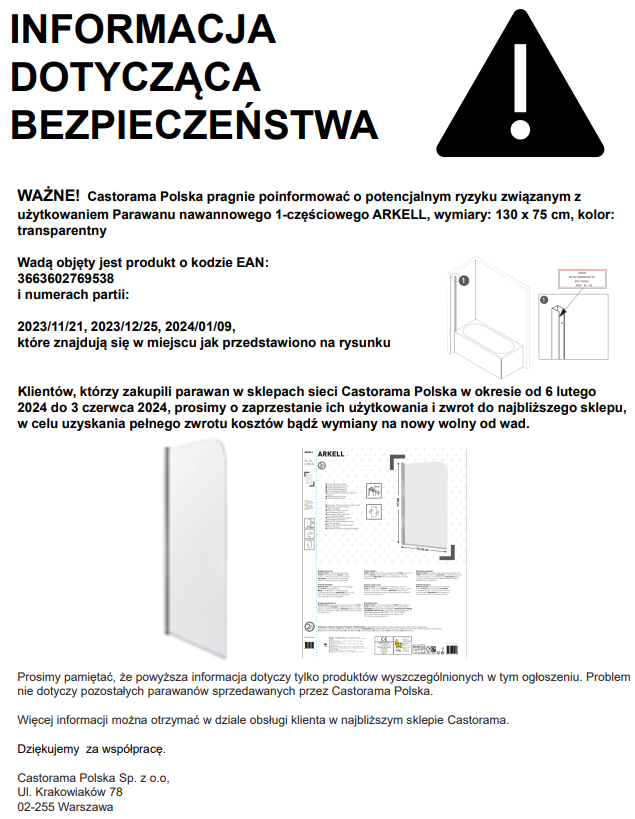 Castorama prosi klientów o zwrot produktu Arkell