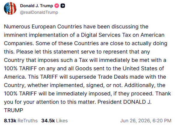 Trump o cłach i podatku cyfrowym