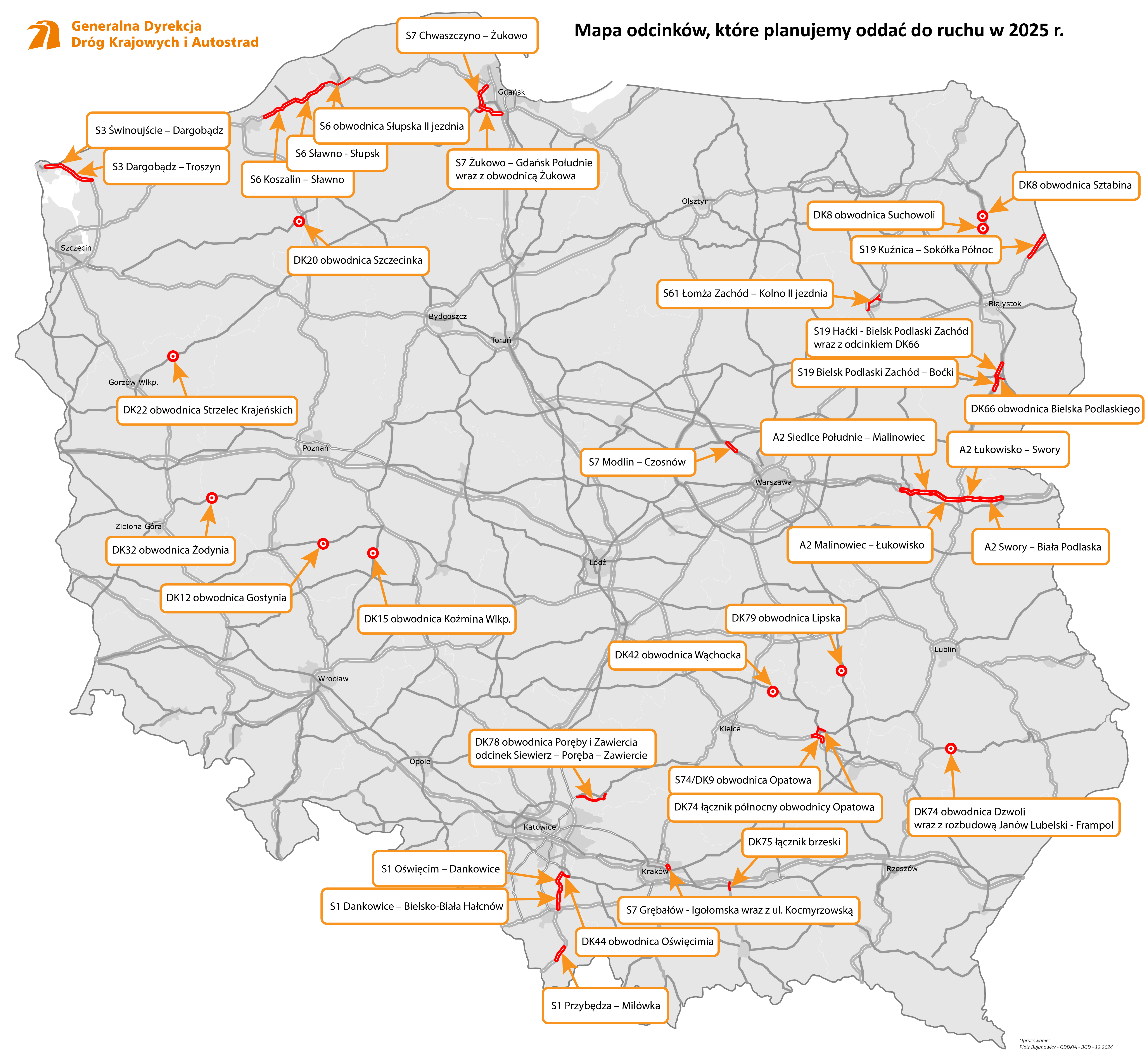 Mapa odcinków dróg, które mają zostać oddane do ruchu