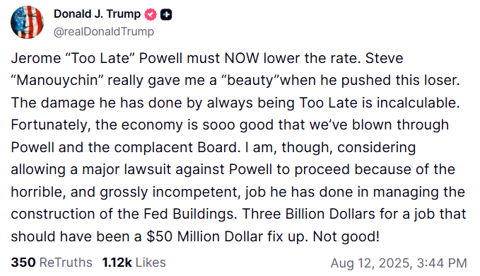 Trump na Truth Social o Powellu