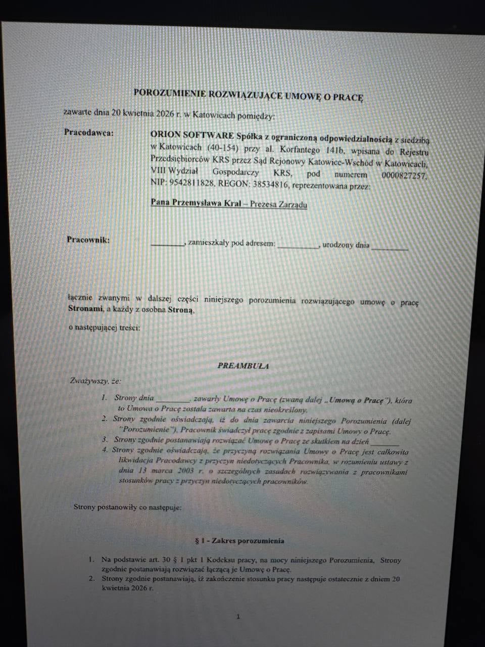 Zondacrypto. Wzór rozwiązania umowy - strona 1