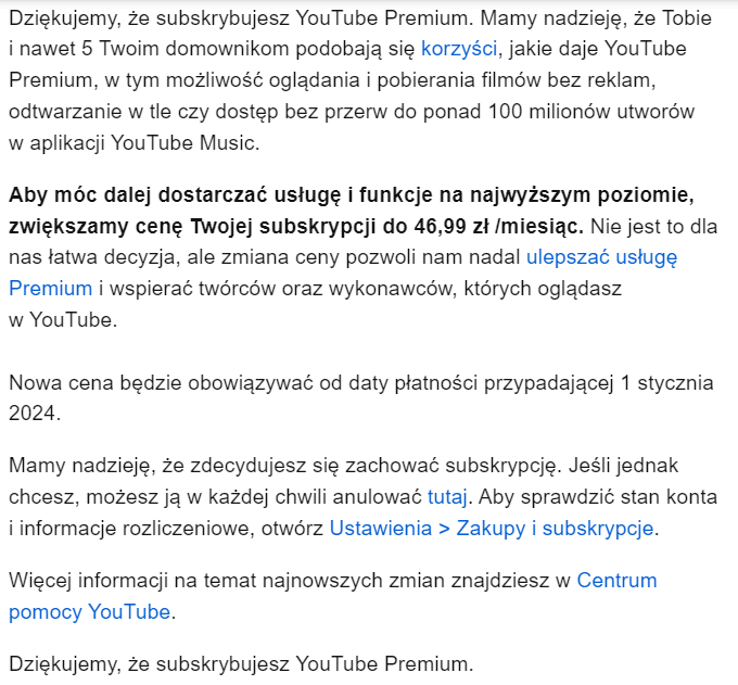 Podwyżka cen za YouTube Premium