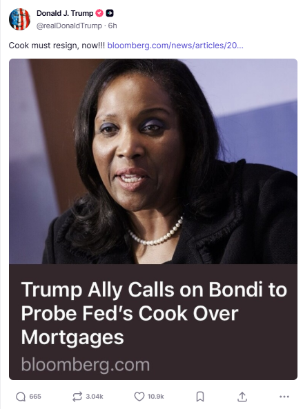 Trump na Truth Social o Cook