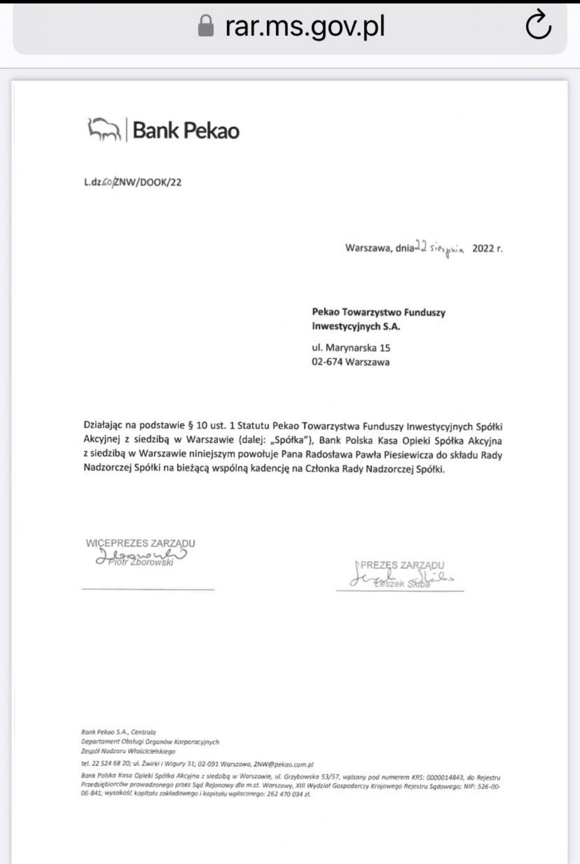 Dokument dotyczący zatrudnienia Radosława Piesiewicza