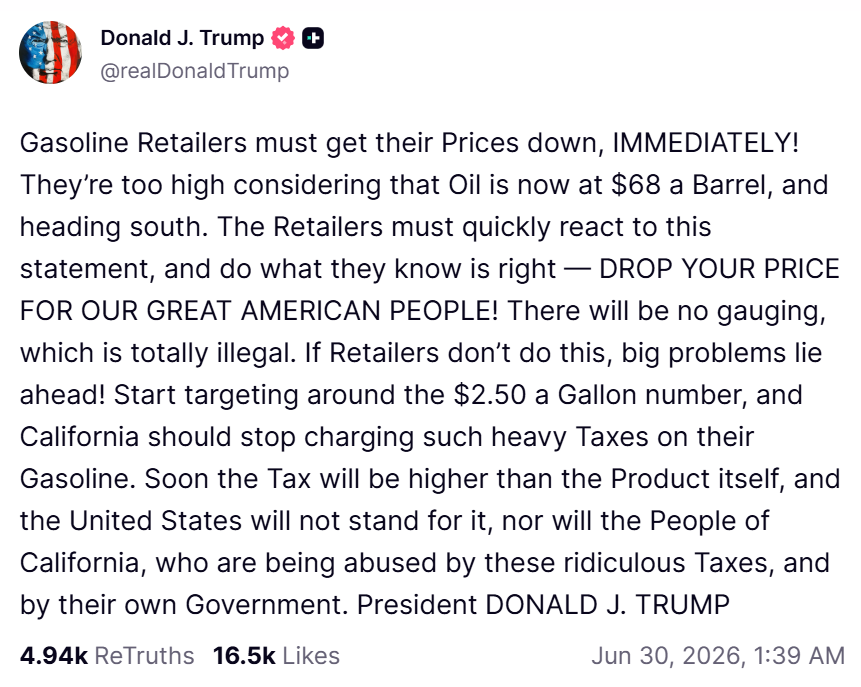 Wpis Donalda Trumpa o obniżce cen na stacjach paliw