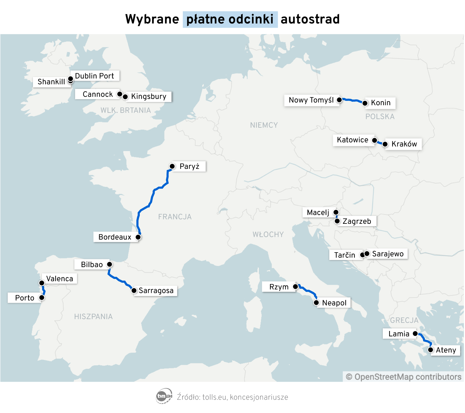 Wybrane płatne odcinki autostrad