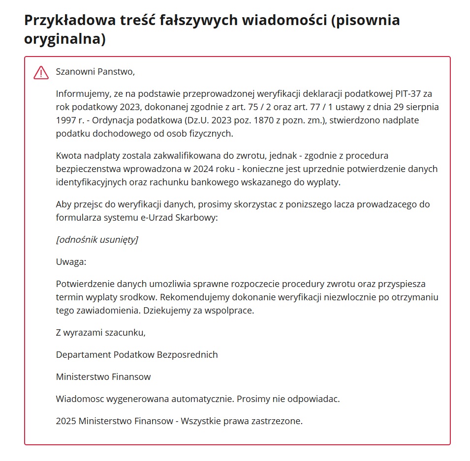 Przykładowa fałszywa wiadomość