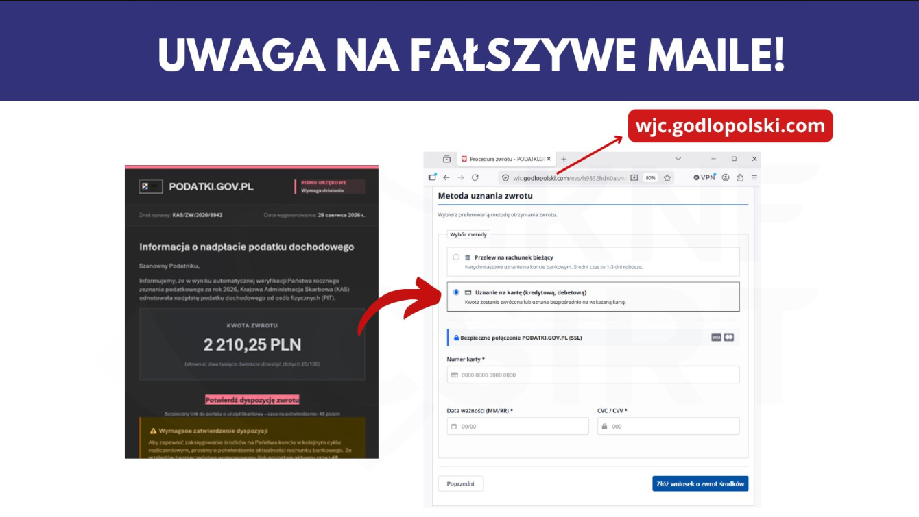 Ostrzeżenie przed fałszywymi e-mailami o rzekomej nadpłacie podatku dochodowego!