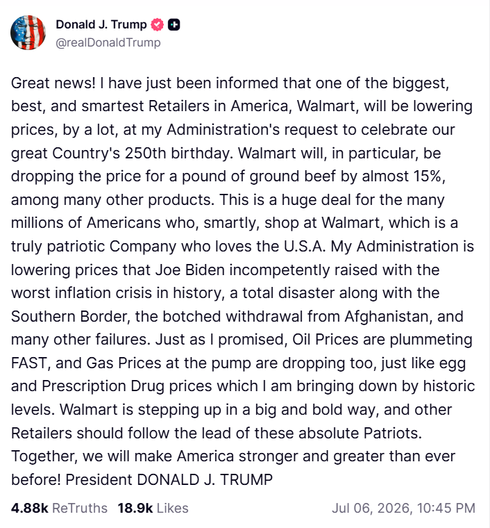 Wpis Donalda Trumpa o obniżkach w sieci Walmart