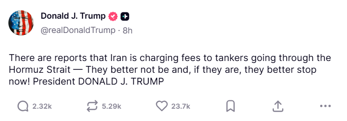 Trump o pobieraniu opłat od tankowców