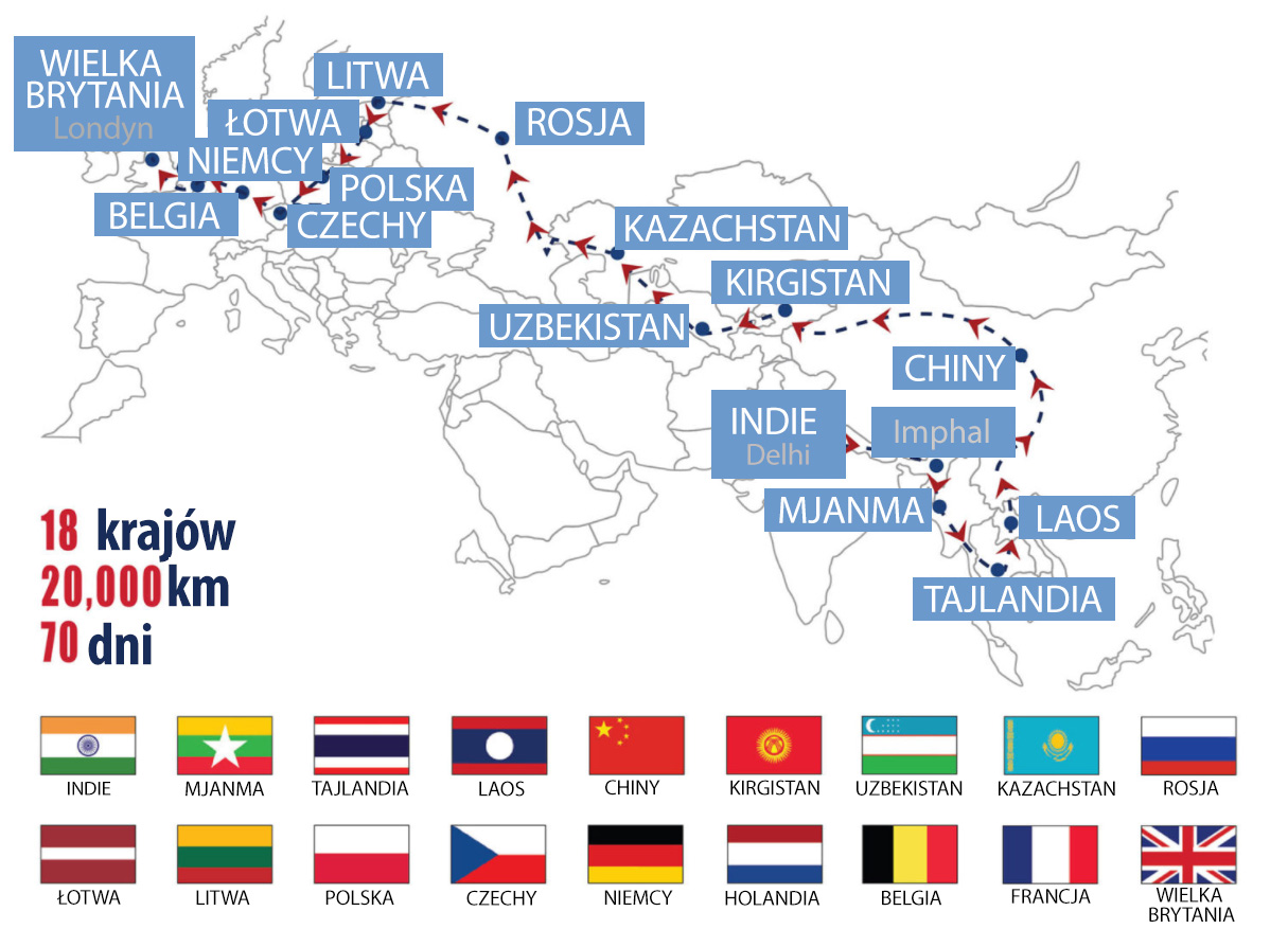 Planowana trasa wycieczki autobusowej z Delhi do Londynu