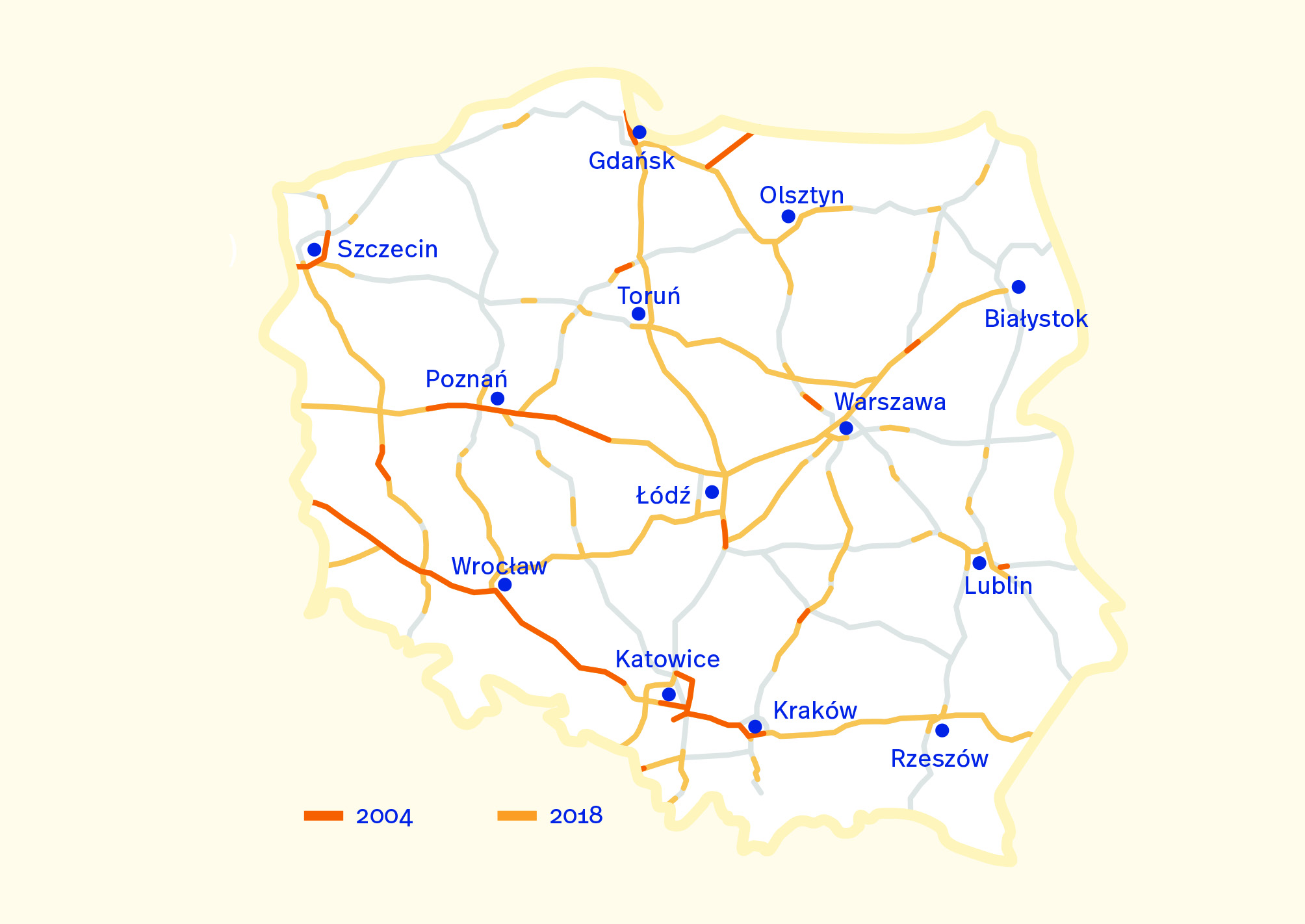Sieć autostrad i ekspresówek w latach 2004-2018