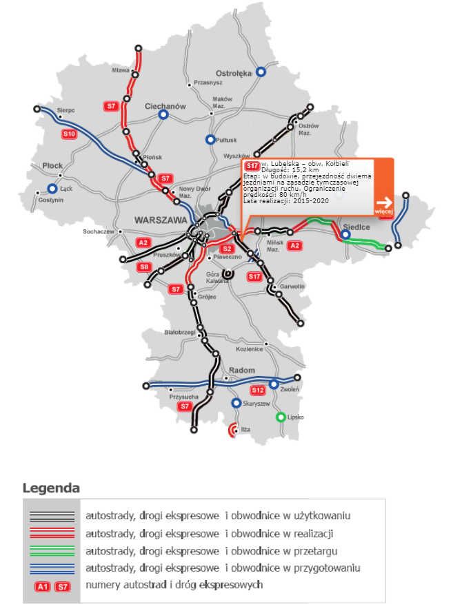 Mapa stanu budowy dróg w województwie mazowieckim