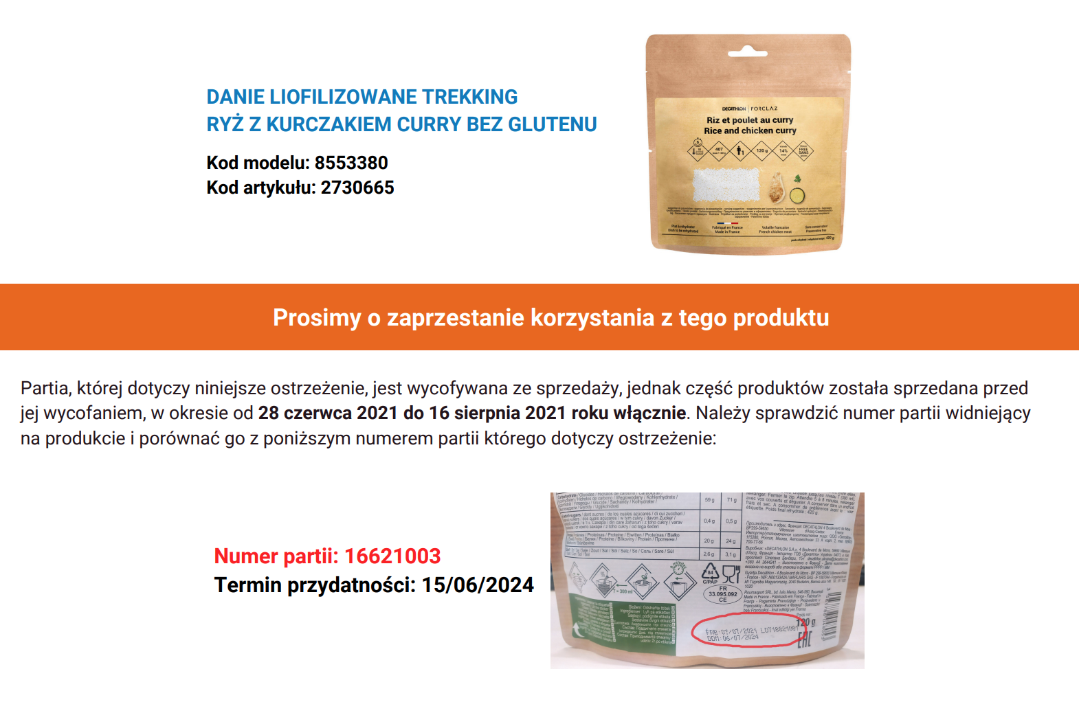 Ostrzeżenie o produkcie - Decathlon