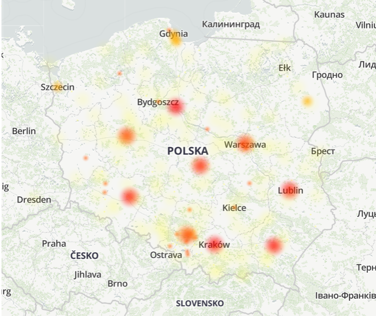 Mapa awarii i zgłaszanych problemów w firmie Facebook