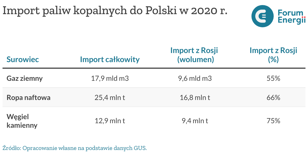 Import paliw kopalnych do Polski w 2020 r.