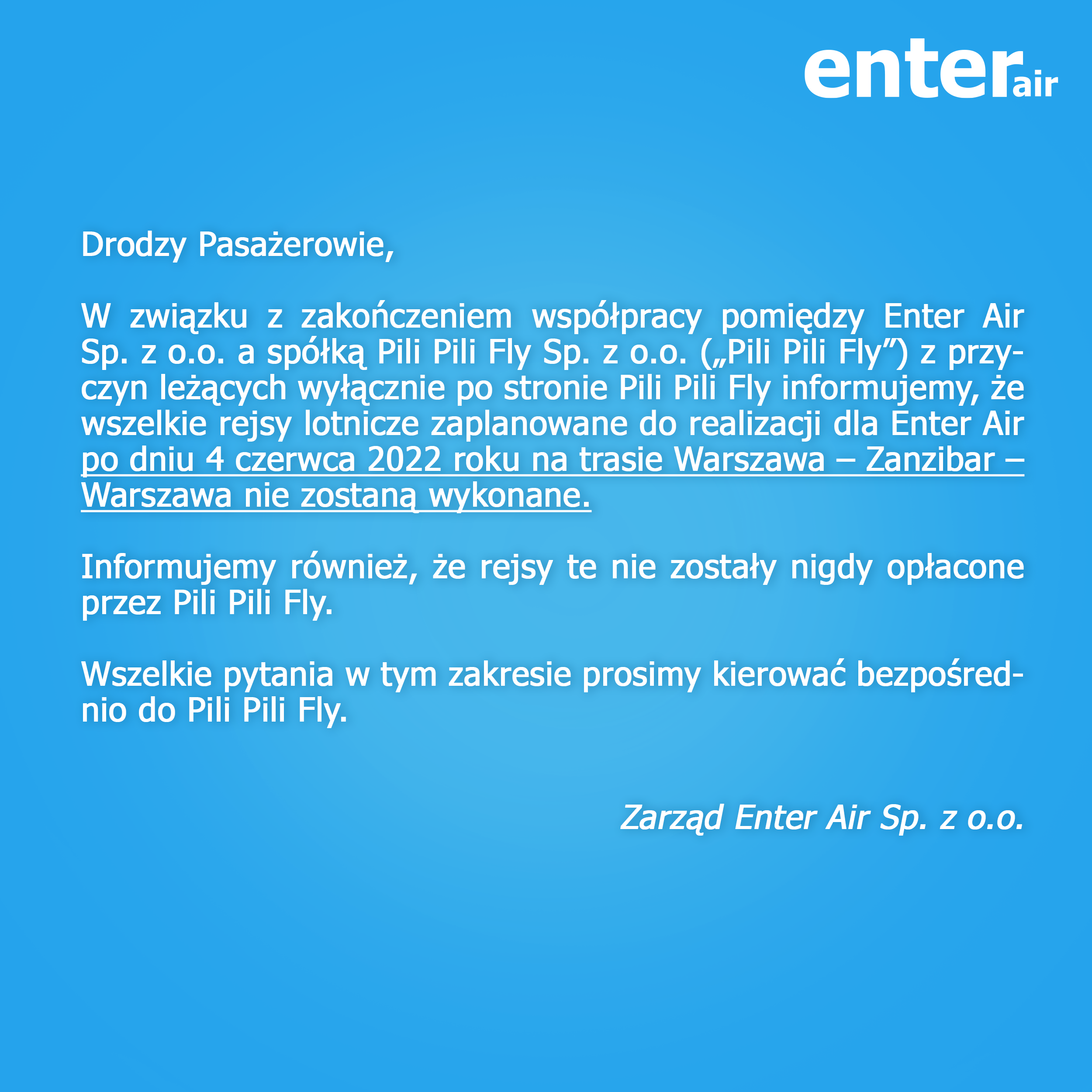 Komunikat zarządu Enter Air