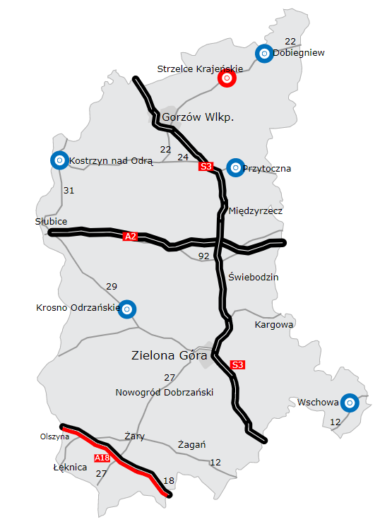 Mapa stanu budowy dróg w województwie lubuskim