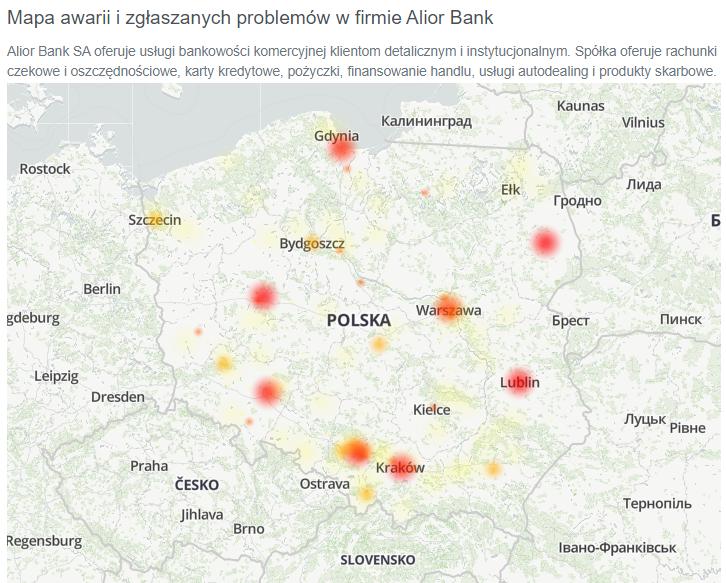 Mapa awarii i zgłaszanych problemów w firmie Alior Bank