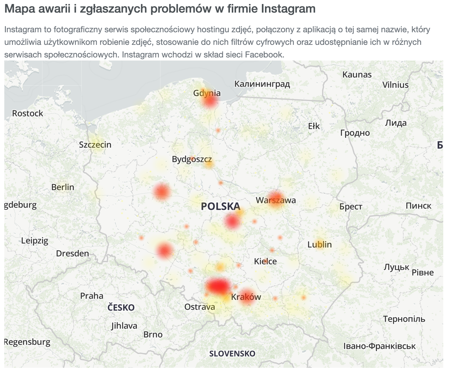 Mapa awarii i zgłaszanych problemów dotyczących Instagrama