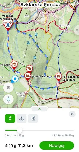 Przykład dłuższej wycieczki od Wodospadu Kamieńczyka w aplikacji Mapy.com