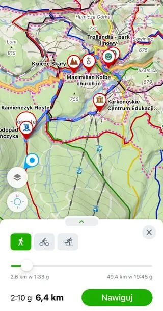 Przykład krótszej wycieczki od Wodospadu Kamieńczyka w aplikacji Mapy.com