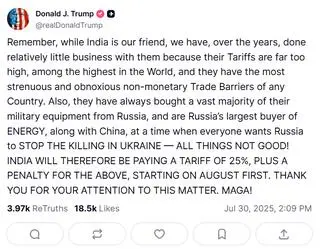 Post Donalda Trumpa na Truth Social z 30 lipca 2025 roku