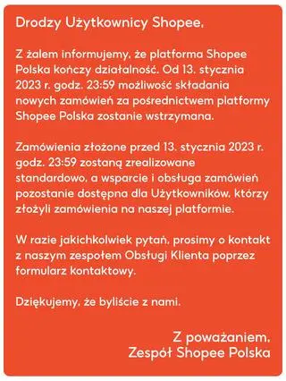 Komunikat opublikowany na stronie Shopee