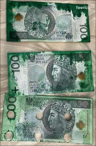 Polskie banknoty barwione roztworem Feerica IBNS podczas testów przeprowadzonych z NBP w Polsce