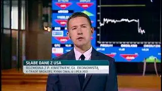 Ożywienie w Stanach Zjednoczonych hamuje silniej niż oczekiwano. Według pierwszego odczytu danych za drugi kwartał amerykański PKB wzrósł o 1,3 procent w ujęciu zannualizowanym. Prognozowano wzrost na poziomie 1,8 procent. Zdaniem Przemysława Kwietnia, niepokojąca jest słabnąca konsumpcja za oceanem