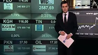 Indeks największych spółek notowanych na GPW zakończył dzień na poziomie 2587,69 punktów. Z uwagi na tragiczne wydarzenia w Smoleńsku kolory giełdowych tablic z notowaniami są na czas żałoby stonowane. O szczegółach notowań Jan Niedziałek.