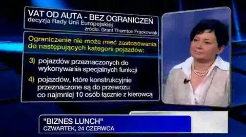 Rząd poprosił KE o zgodę na wprowadzenie limitu odliczania VAT od prywatnych aut. 7 czerwca Rada Unii Europejskiej zgodziła się na ograniczenia w odliczaniu VAT od prywatnych aut. Aby w życie weszły ograniczenia w odliczaniu VAT od aut Ministerstwo Finansów musi przygotować zmianę przepisów. Z Katarzyną Czarnecką-Żochowską, partnerem w dziale doradztwa podatkowego PwC, w programie "Biznes Lunch", rozmawiał Paweł Blajer.