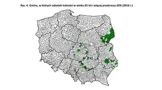 Gminy, w których odsetek ludności w wieku 65 lat i więcej przekracza 20proc. (2016 r.)