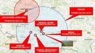 Mapa rejonów ograniczonego ruchu lotniczego (obowiązuje od 25.07.2016 r. od godz. 00:01 do 01.08.2016 r. od godz. 23:59)