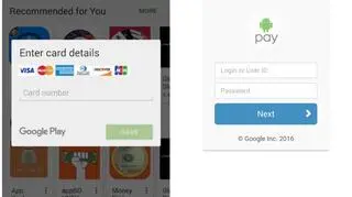 Okna phisingowe wyświetlane przez trojana mobilnego Faketoken w celu kradzieży danych płatniczych oraz logonów i haseł do usług online