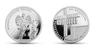 Rewers i awers okolicznościowej monety NBP upamiętniającej 35. rocznicę pacyfikacji kopalni Wujek