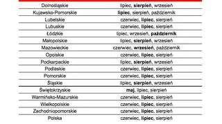 Sezon turystyczny w poszczególnych województwach