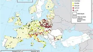 Stężenie dobowe PM10 w  krajach Unii Europejskiej w 2015 roku