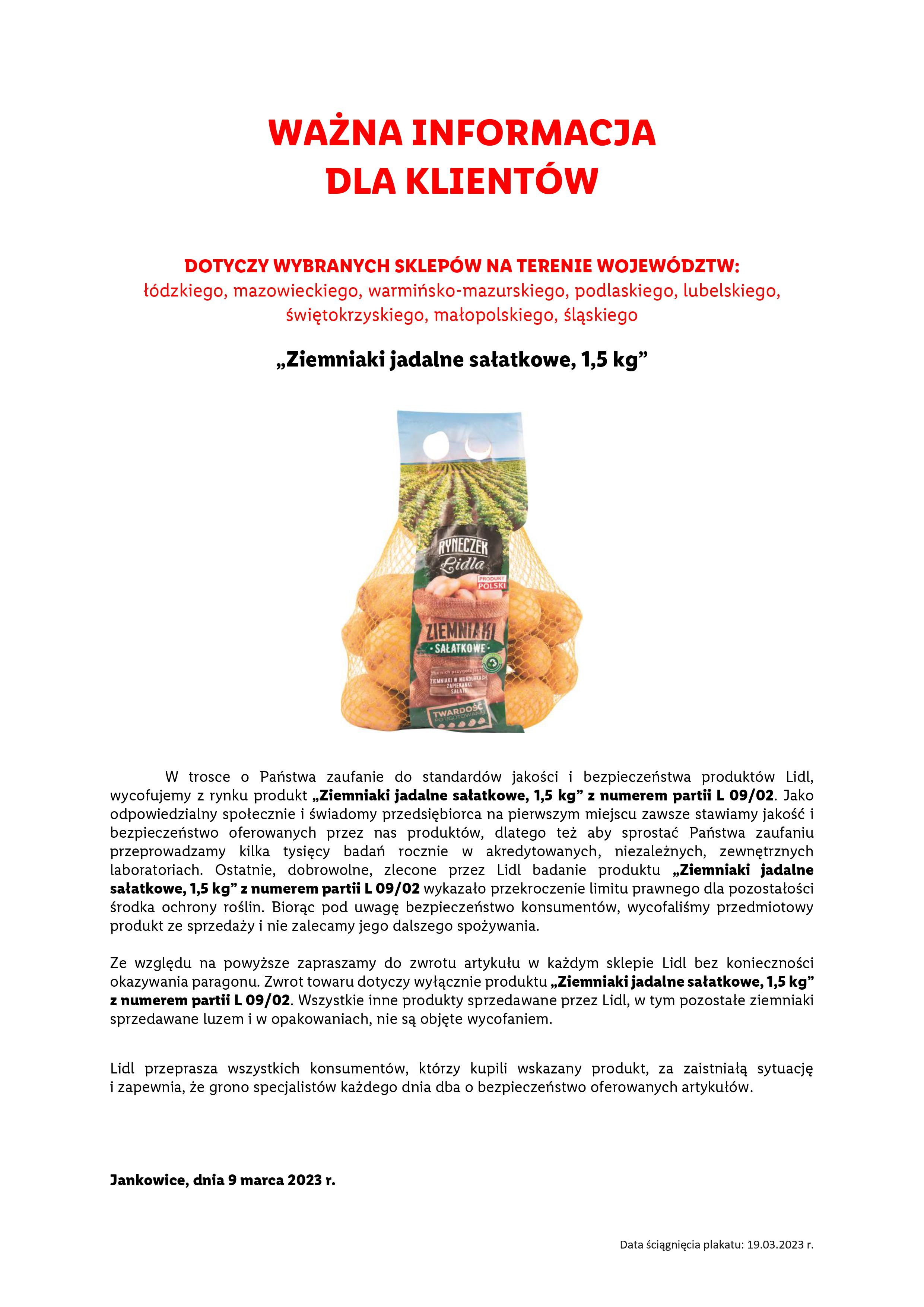 Plakat Lidla o wycofanych ziemniakach