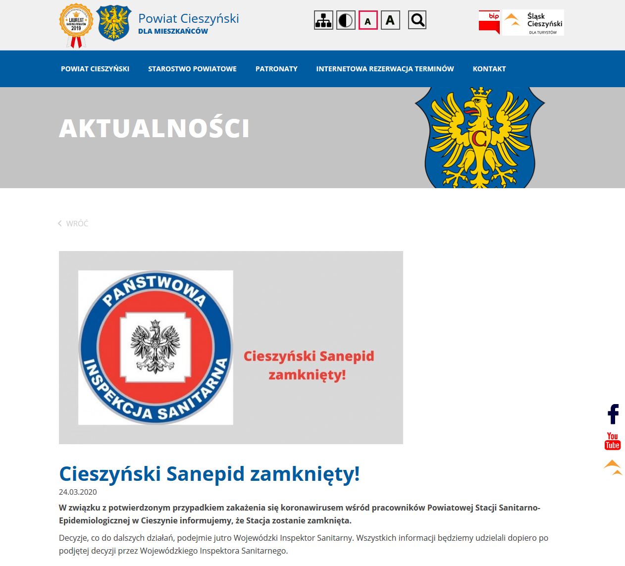 Komunikat o zamknięciu sanepidu w Cieszynie 