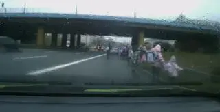 Grupa dzieci z opiekunami na jezdni DTŚ