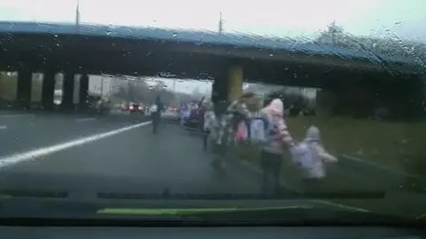 Grupa dzieci z opiekunami na jezdni DTŚ