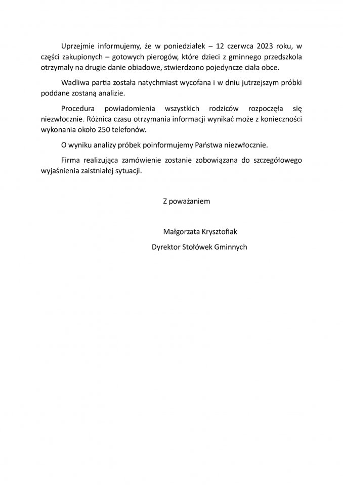 Oświadczenie Stołówek Gminnych
