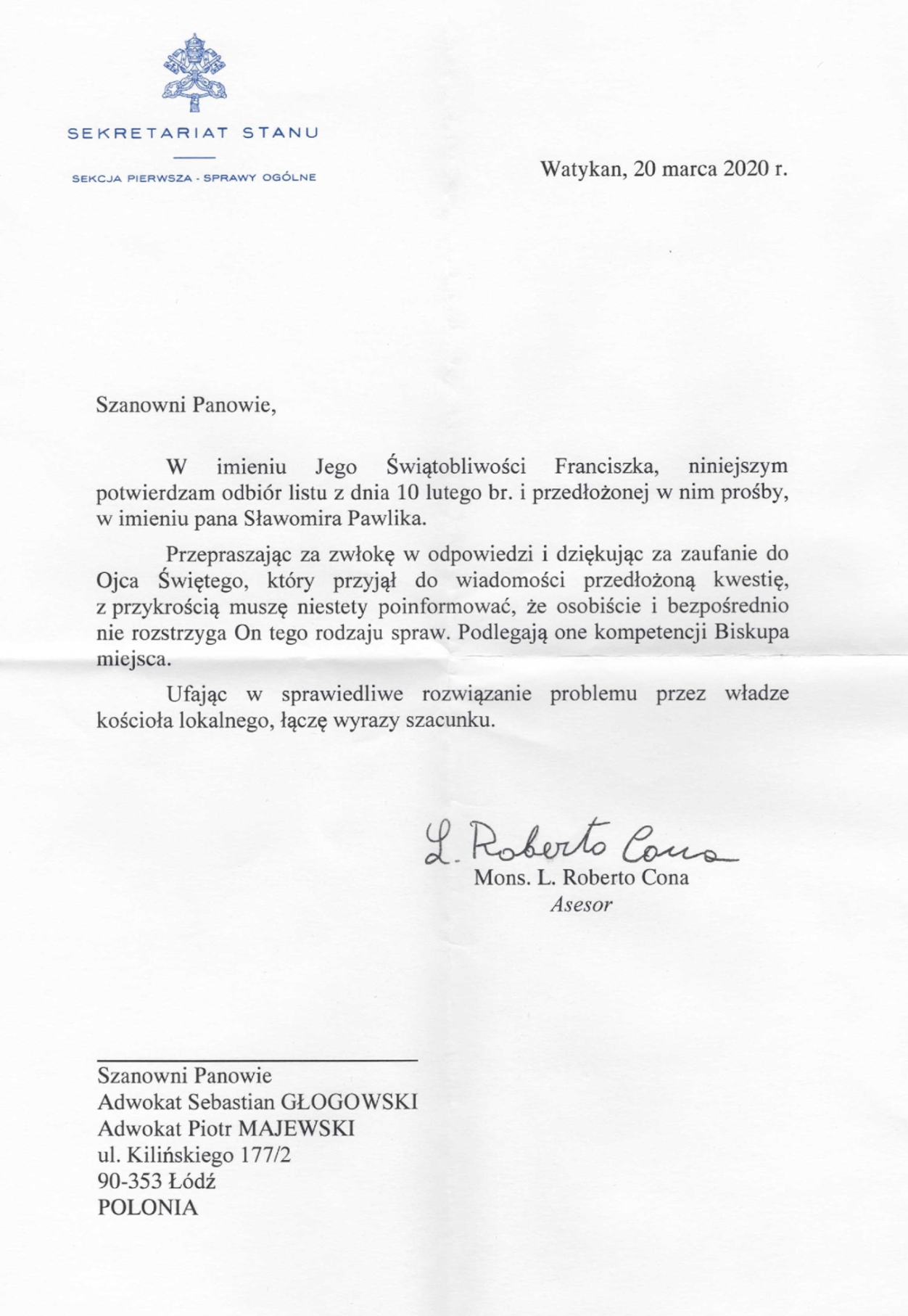 Pismo, które otrzymali pełnomocnicy Sławomira Pawlika