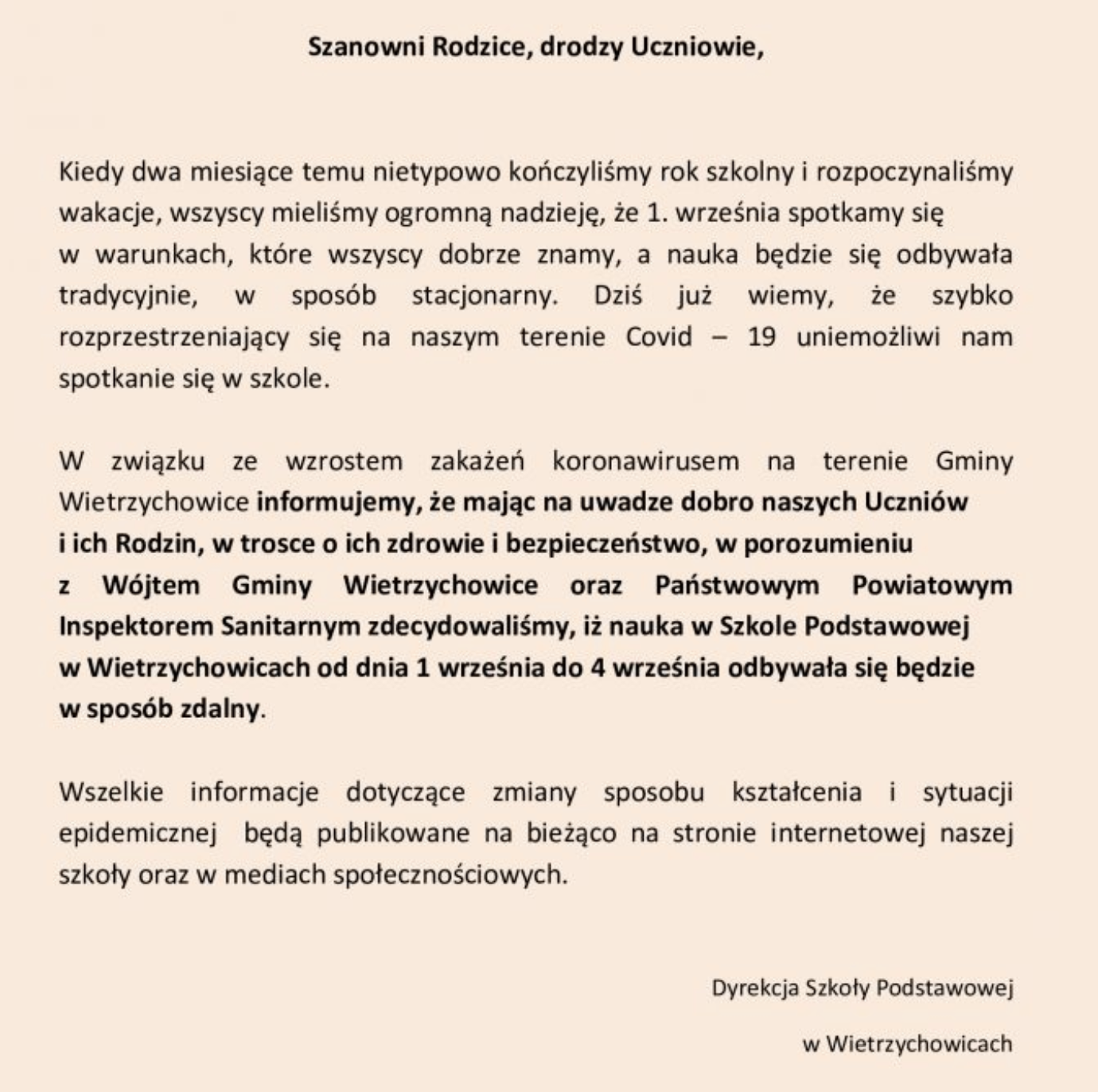 Komunikat, który pojawił się na stronie szkoły