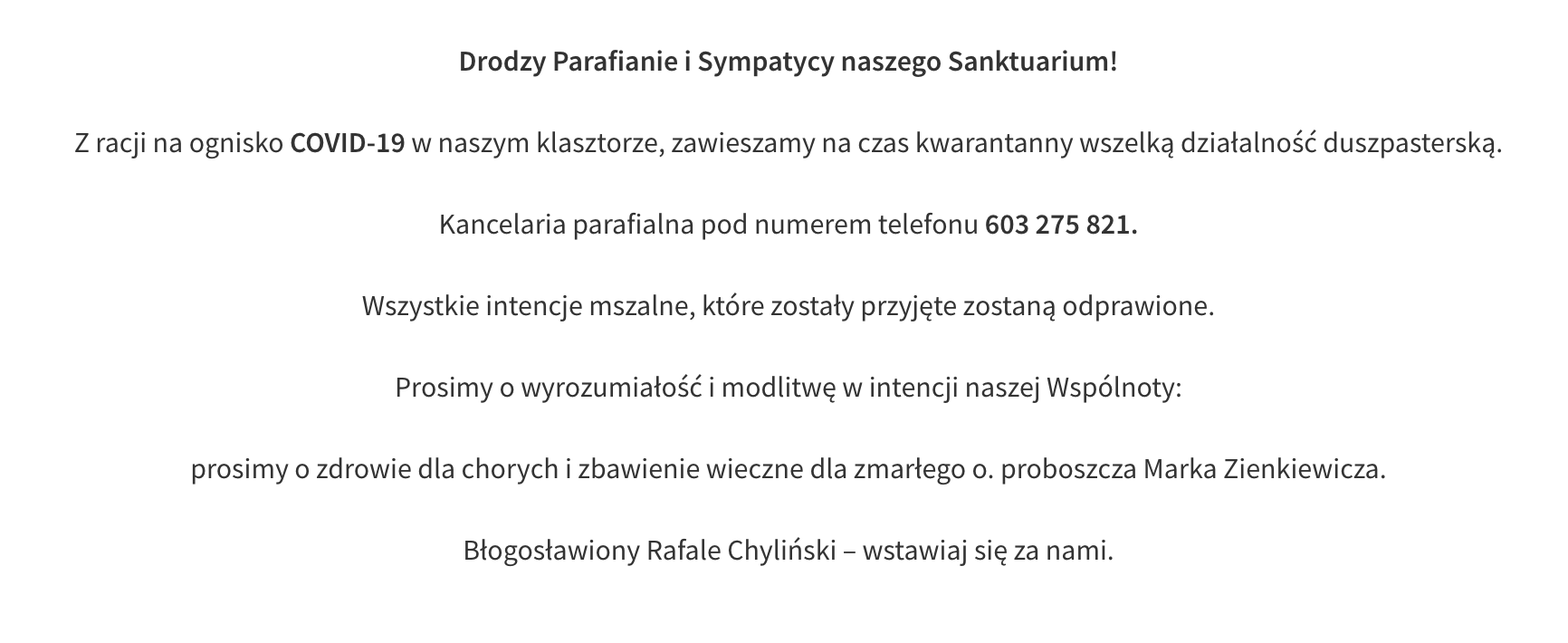 Komunikat opublikowany na stronie zakonu